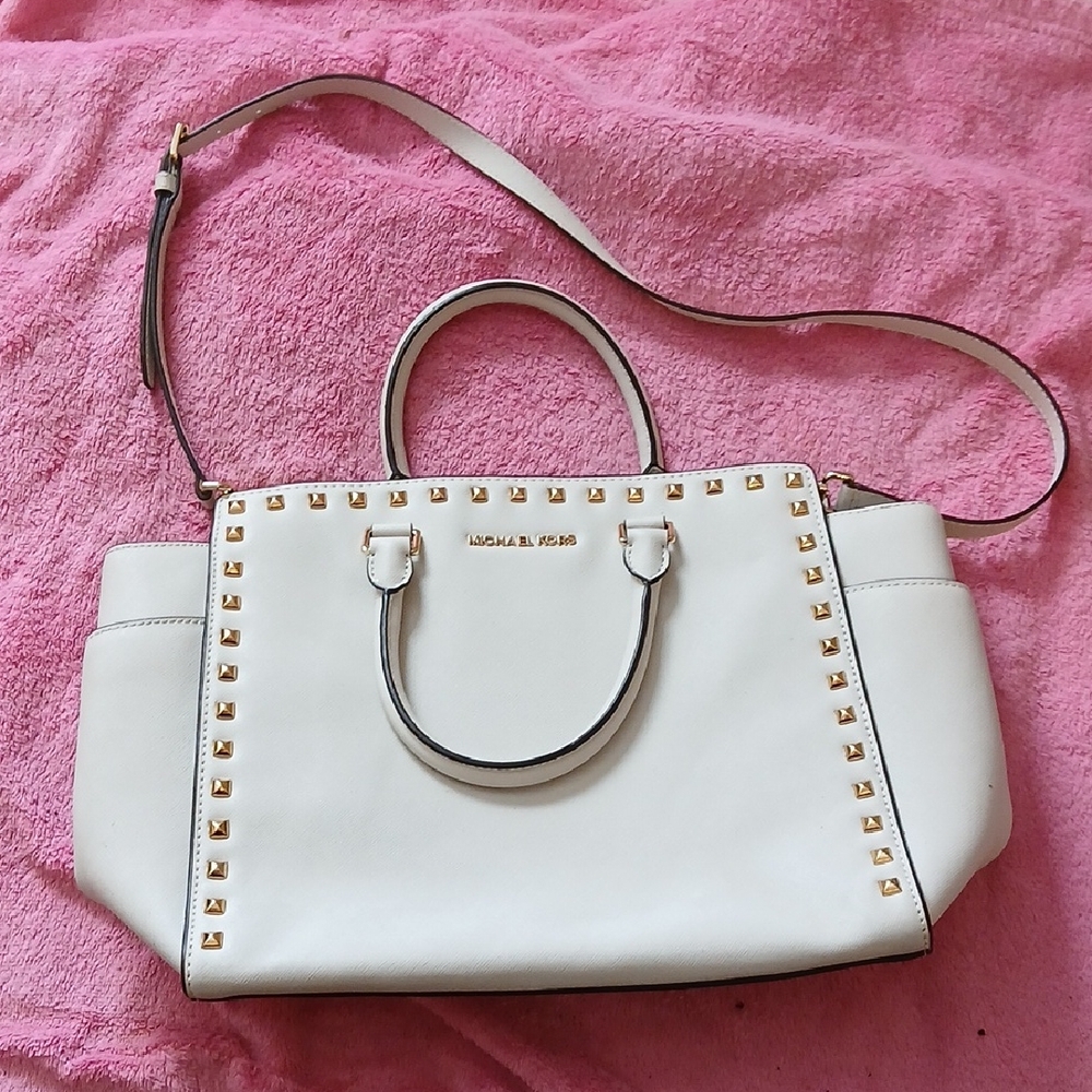 Michael Kors White Leather Studded Satchel with Gold Accents